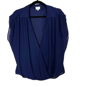 Parker Medium Blue Silk Faux Wrap Surplice Neck Collared Blouse Top Short Sleeve